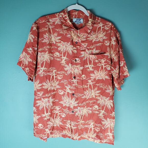 Piko Mens' Orange Palm Tree Print Button Up Hawaiian SS Shirt Size Large - Picture 1 of 5